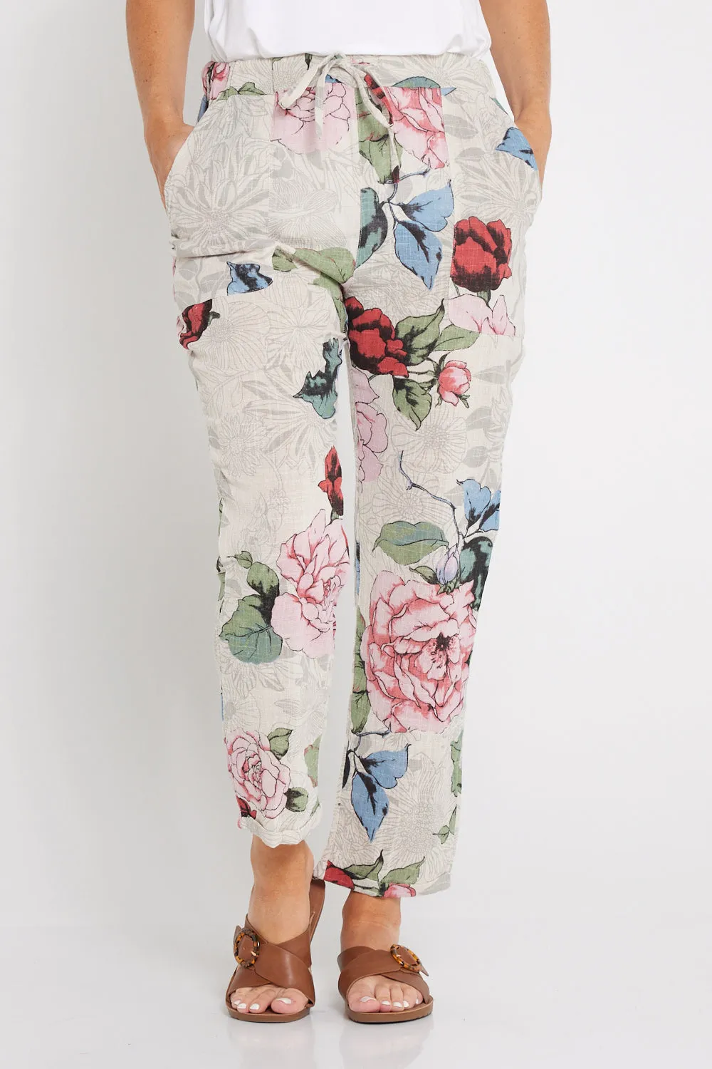 Kiana Linen Pants - Beige Floral