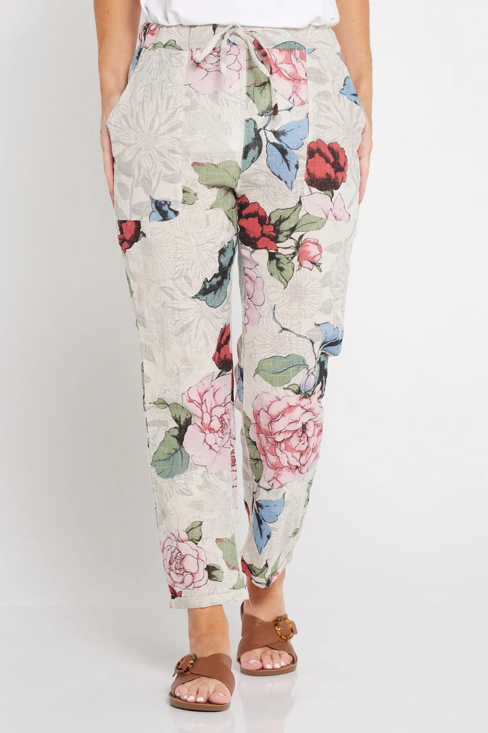 Kiana Linen Pants - Beige Floral