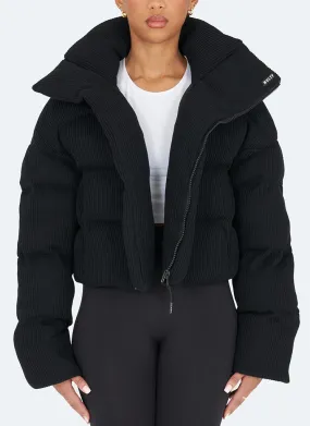 Knit Shawl Collar Puffer Jacket - Black