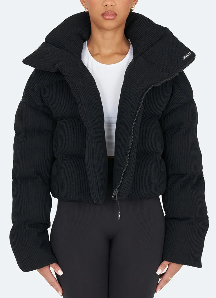 Knit Shawl Collar Puffer Jacket - Black