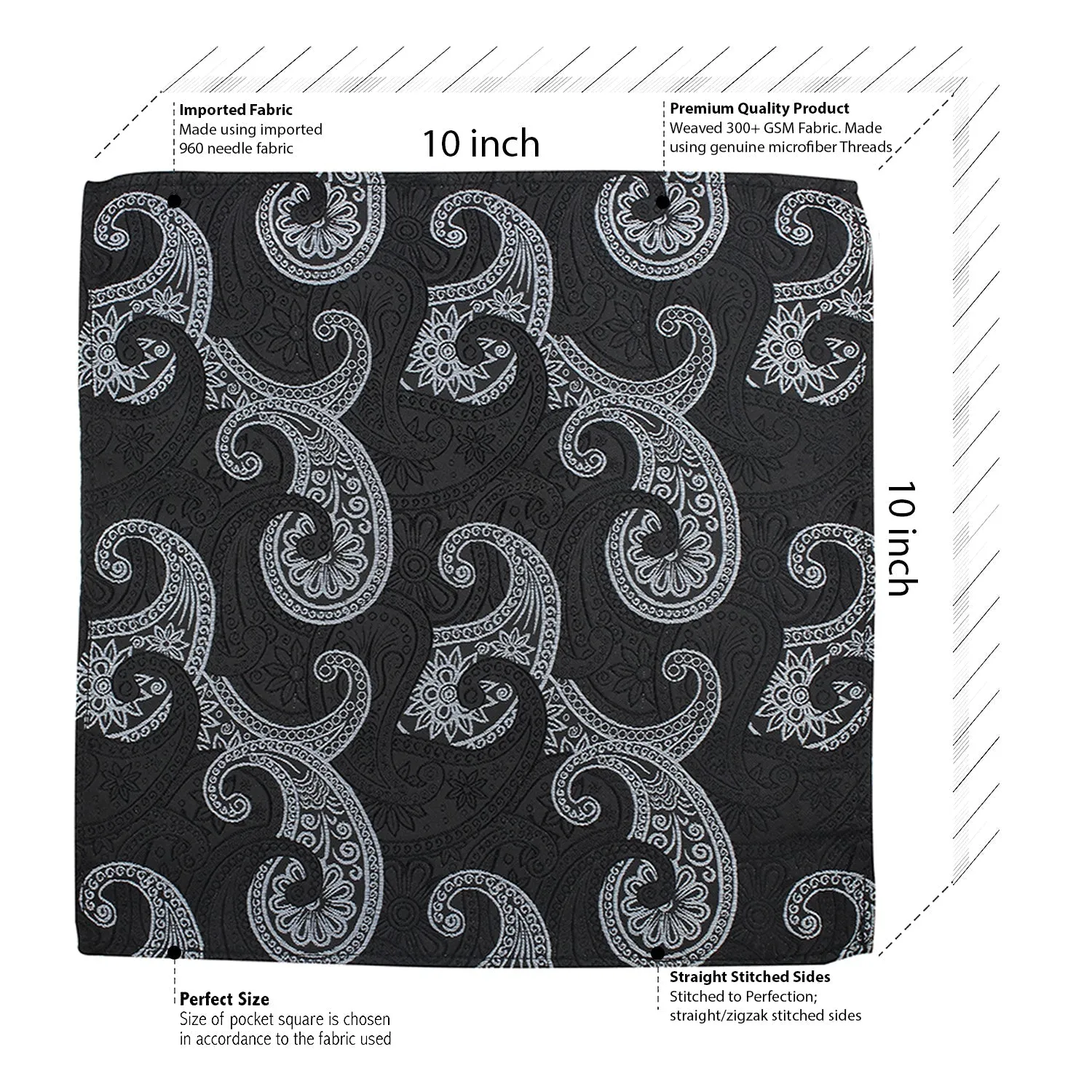 Kovove Graceful Black Paisley Pocket Square For Men