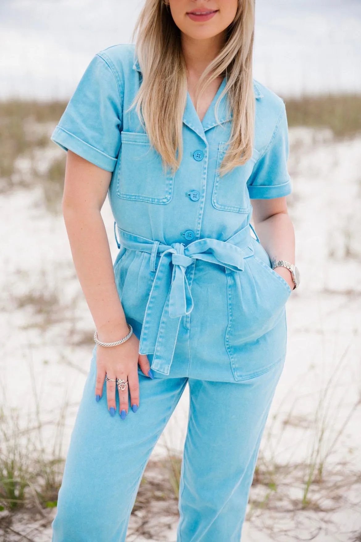 Kylie Washed Utility Jumpsuit - Bright Blue