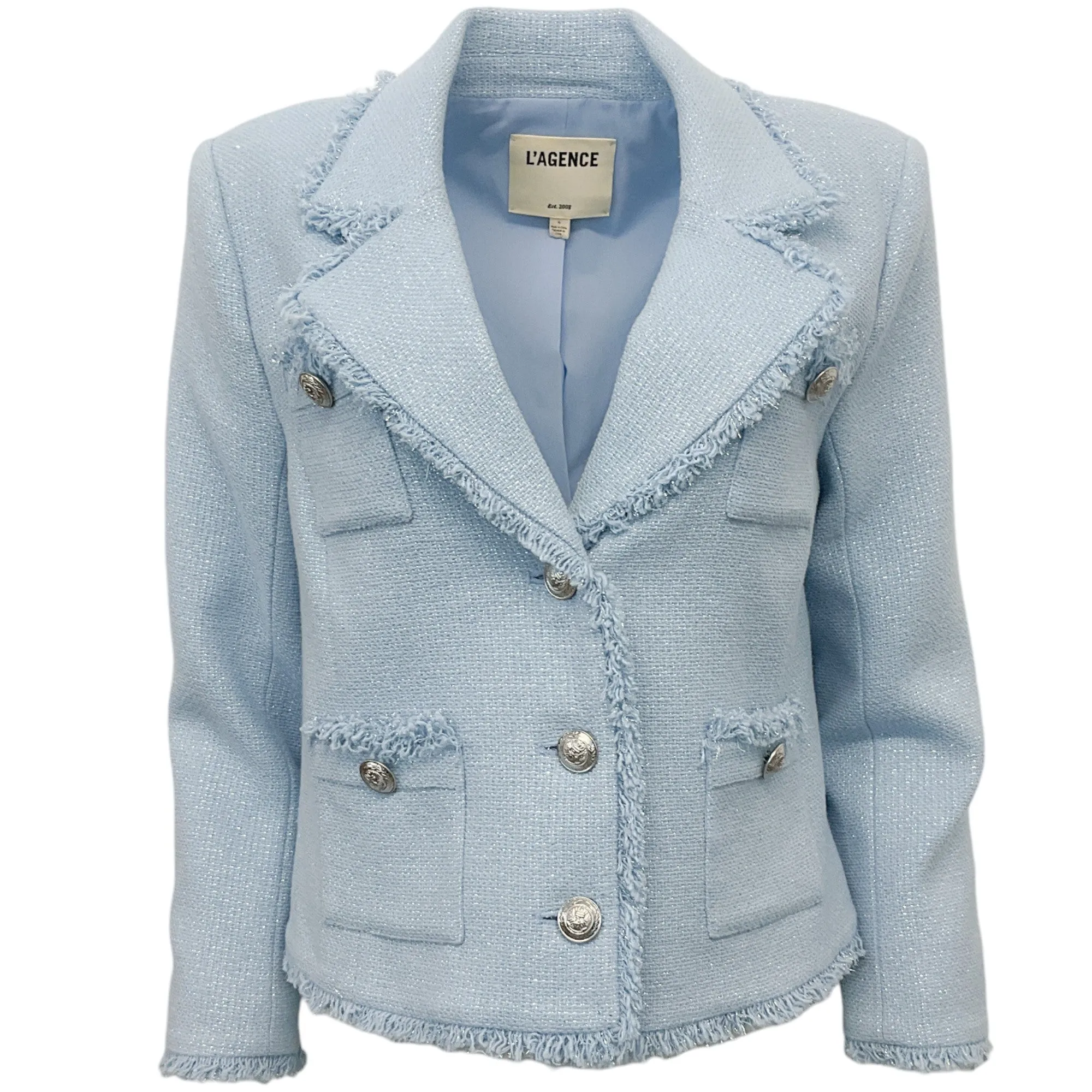 L'Agence Light Blue Tweed Blazer with Silver Buttons