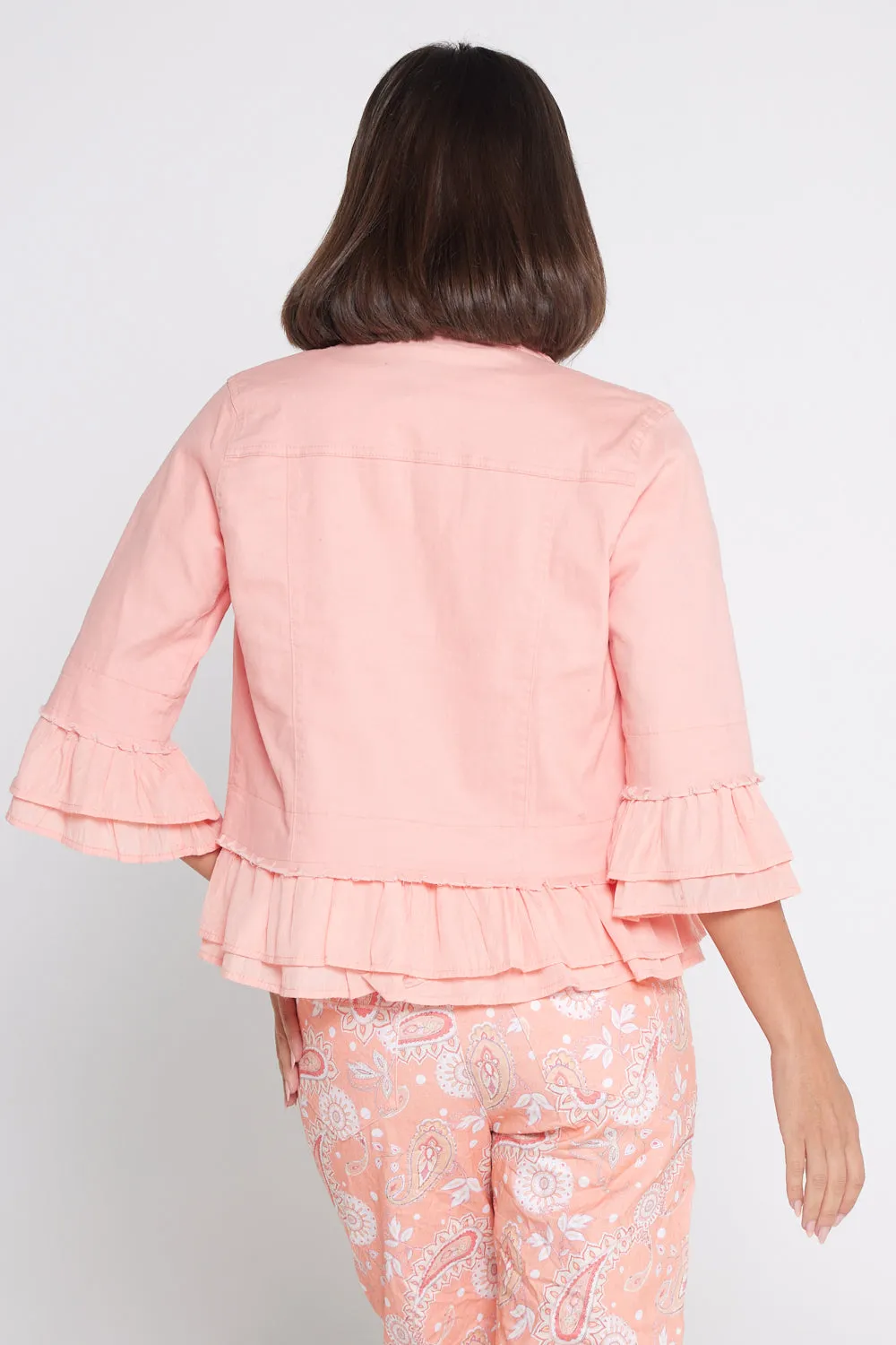 Leelah Cropped Ruffle Denim Jacket - Peach