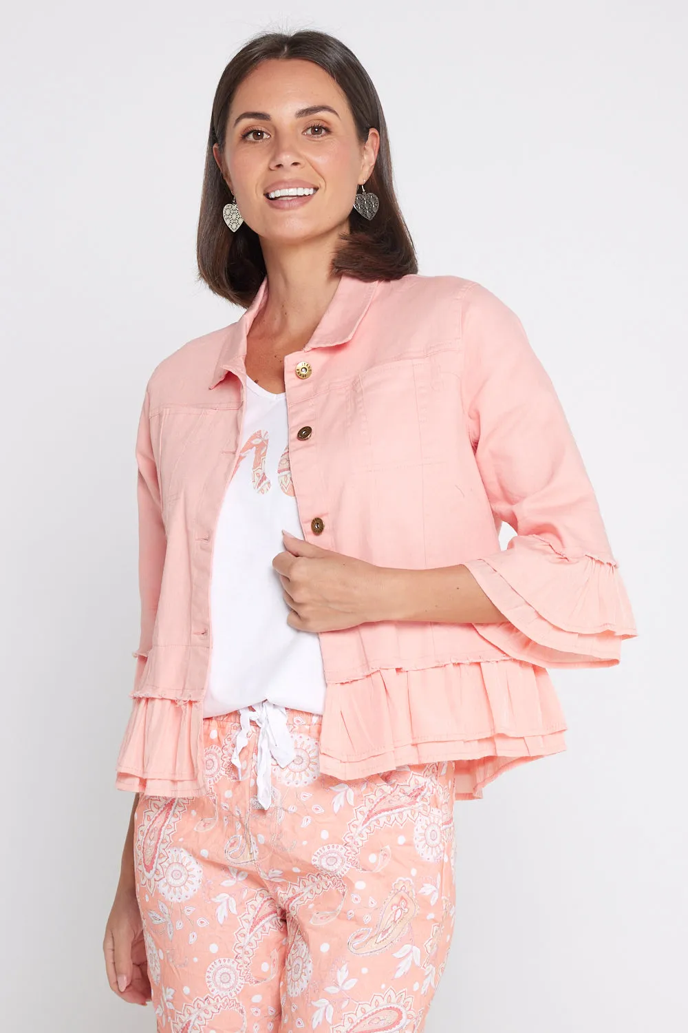 Leelah Cropped Ruffle Denim Jacket - Peach