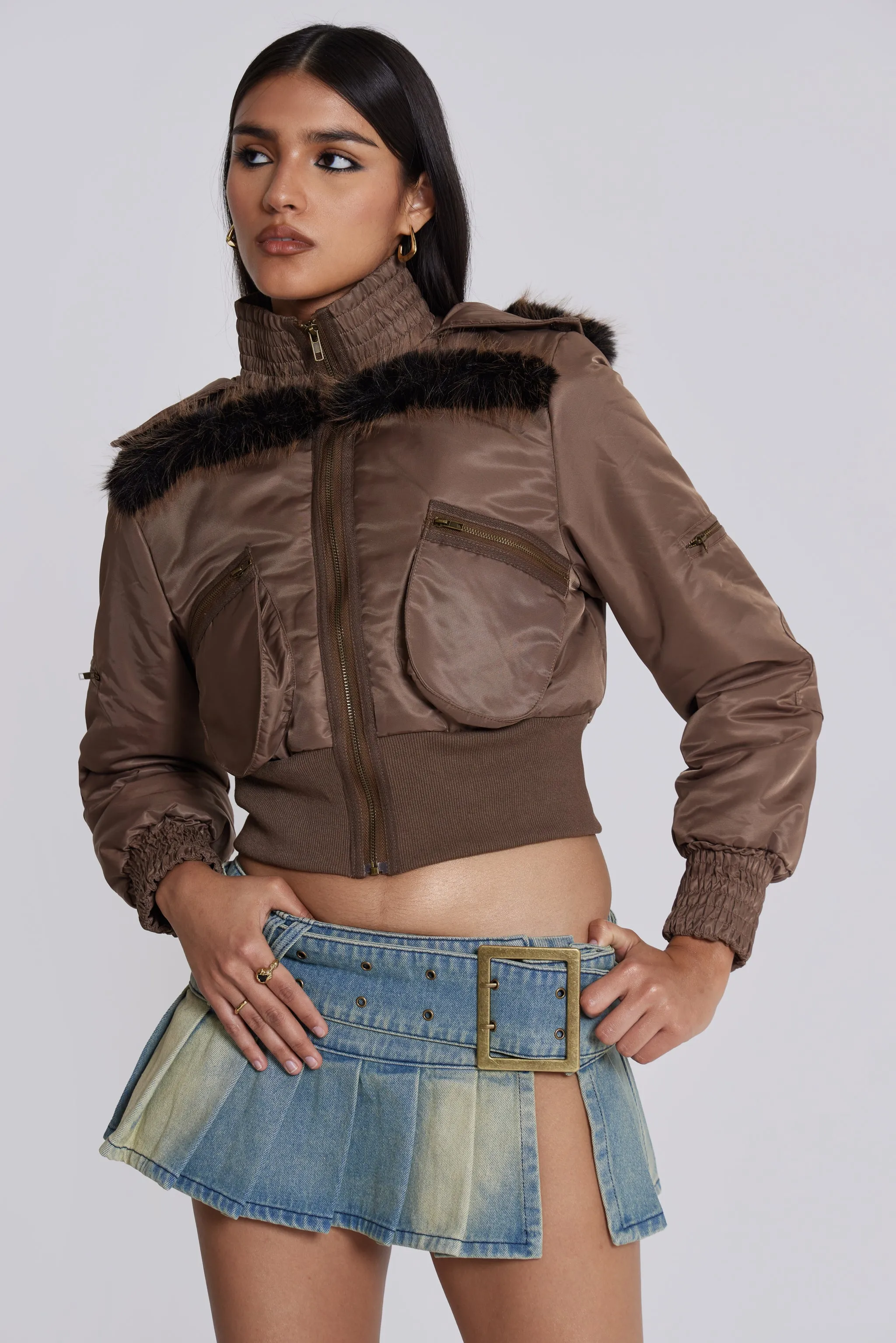 Lennux Faux Fur Bomber Jacket