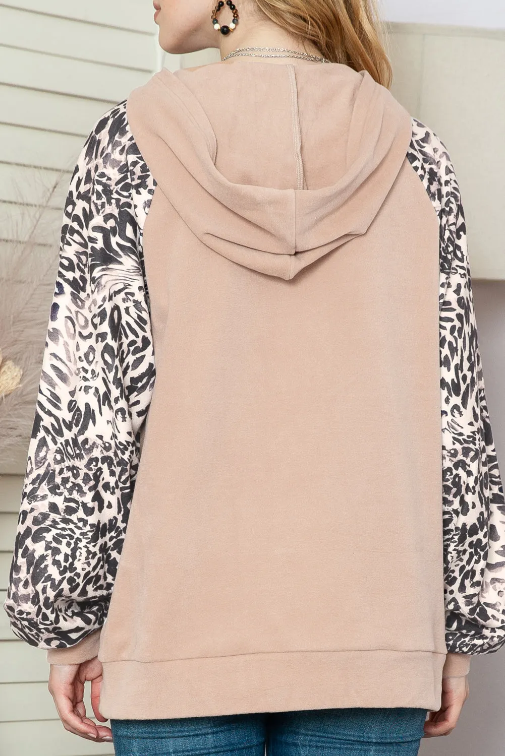 Leopard Print Raglan Sleeve Henley Pullover Hoodie