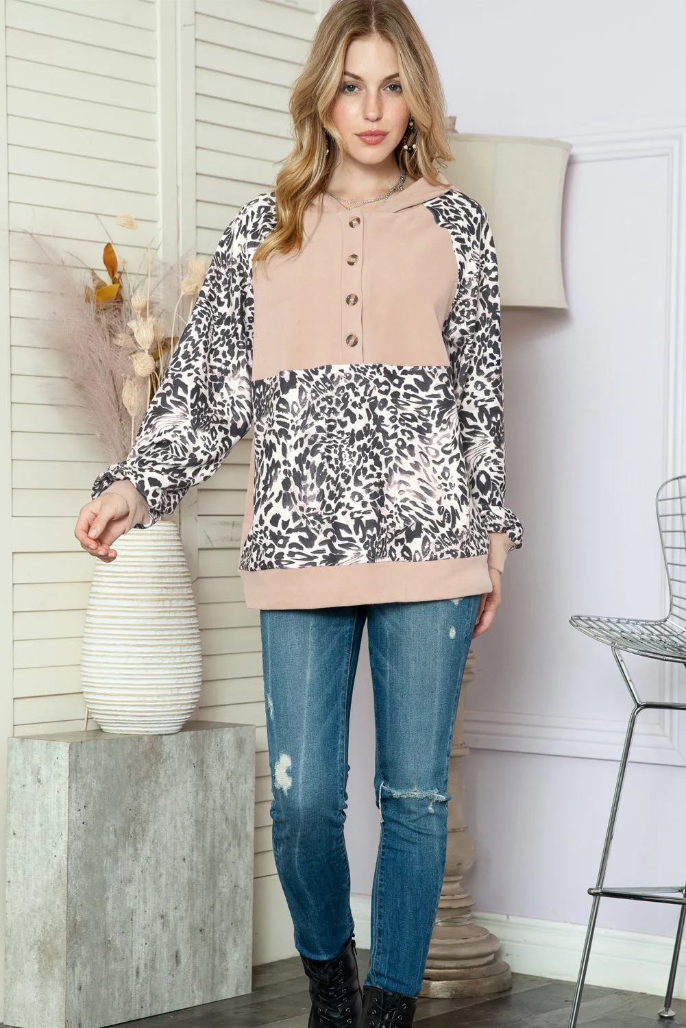 Leopard Print Raglan Sleeve Henley Pullover Hoodie