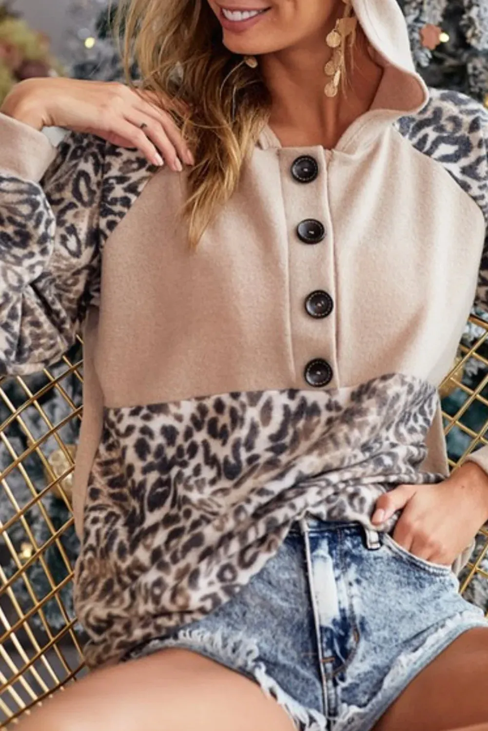 Leopard Print Raglan Sleeve Henley Pullover Hoodie