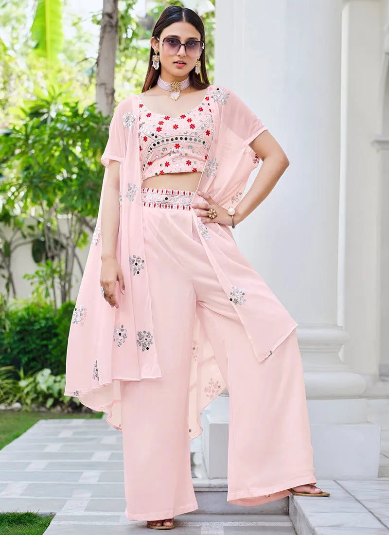 Light Pink Mirror Work Embroidery Cape Style Co-Ord Palazzo Set