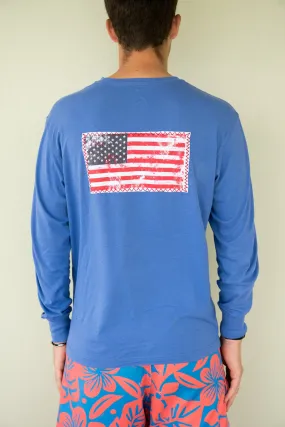 Long Sleeve USA Flag Patch T-shirt - Barbuda Blue