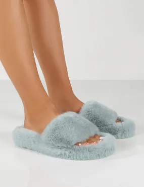 Lucky Grey Blue Faux Fur Slider Slipper