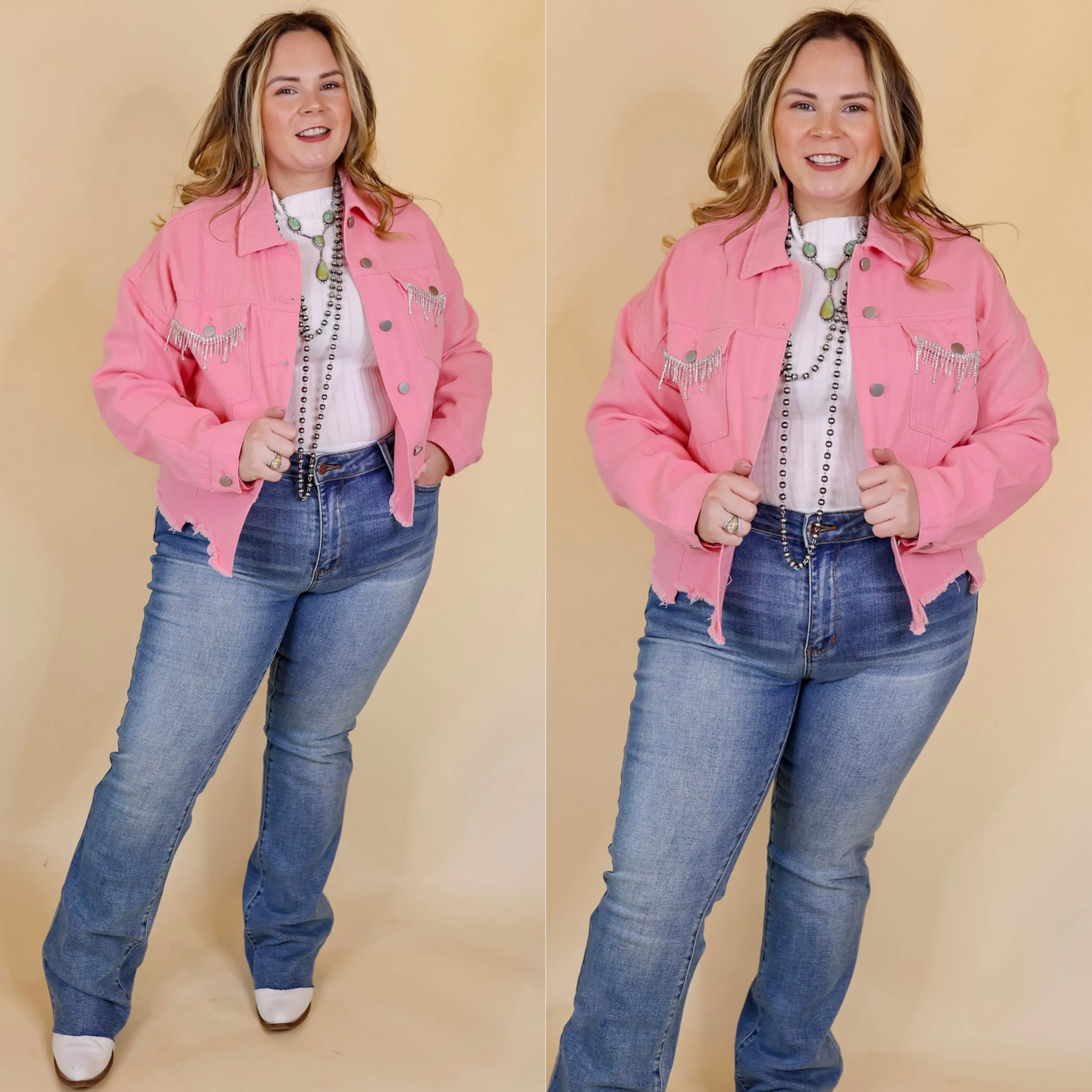 Made To Shine Crystal Fringe Pocket Cropped Denim Jacket in Pink