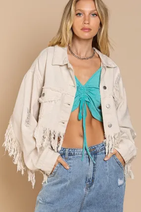 Magic Plus Fringe-Detailed Cropped Denim Jacket