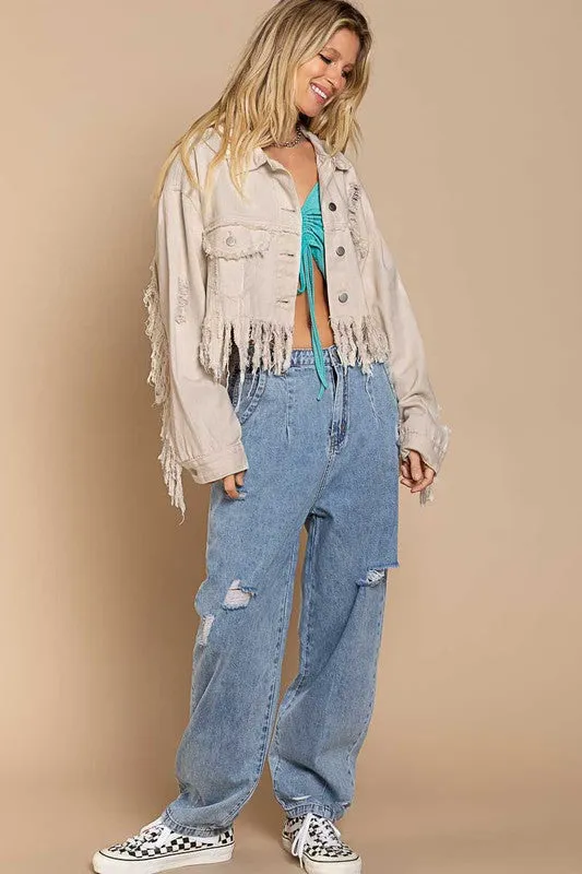 Magic Plus Fringe-Detailed Cropped Denim Jacket