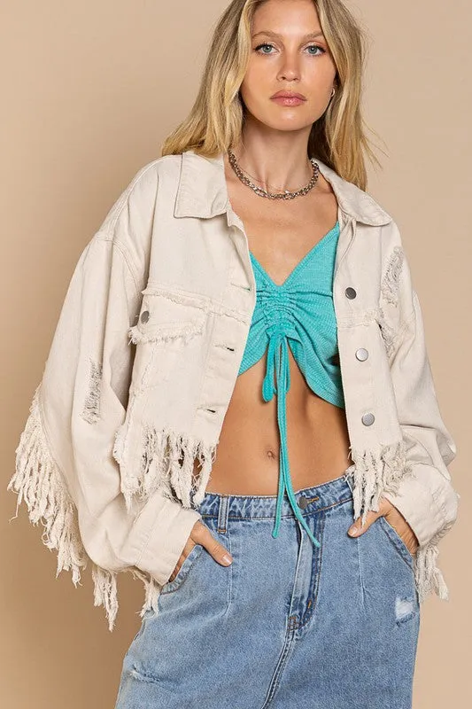 Magic Plus Fringe-Detailed Cropped Denim Jacket