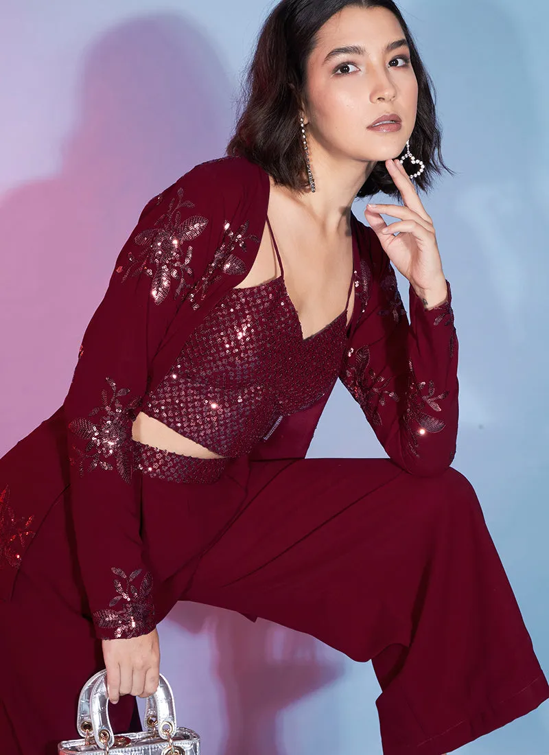 Maroon Sequence Embellished Co-Ord Style Pant Suit