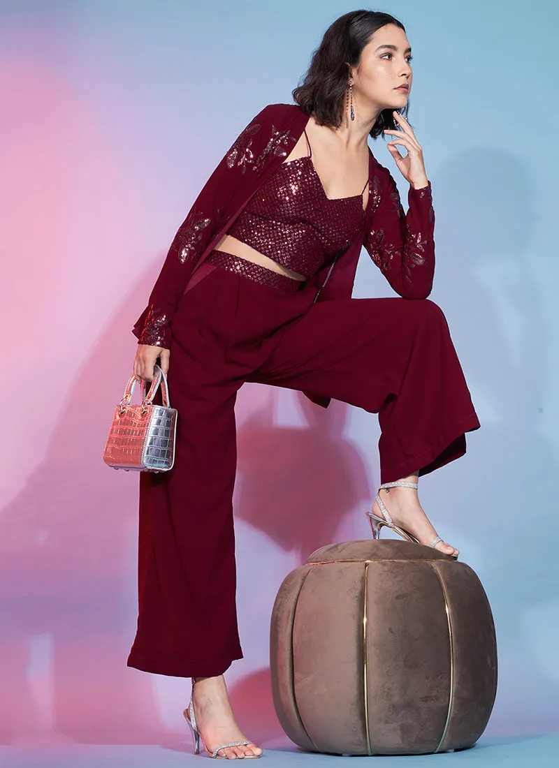 Maroon Sequence Embellished Co-Ord Style Pant Suit