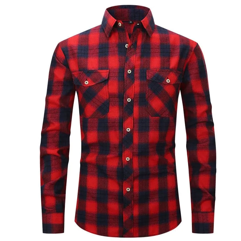 Men's Long Sleeve Double Pocket Flannel Plaid Shirt