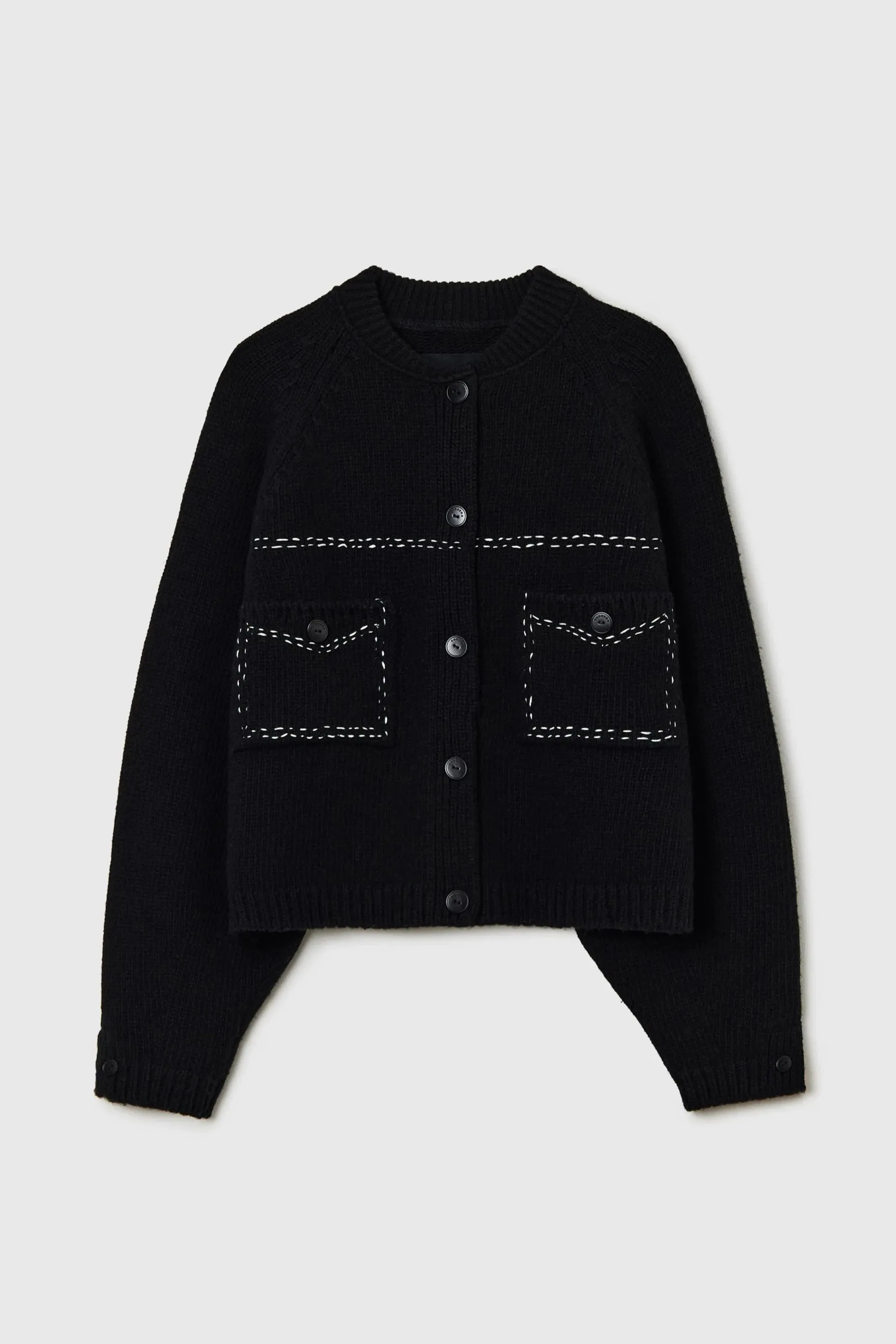 Merino Wool Stitched Cardigan, black