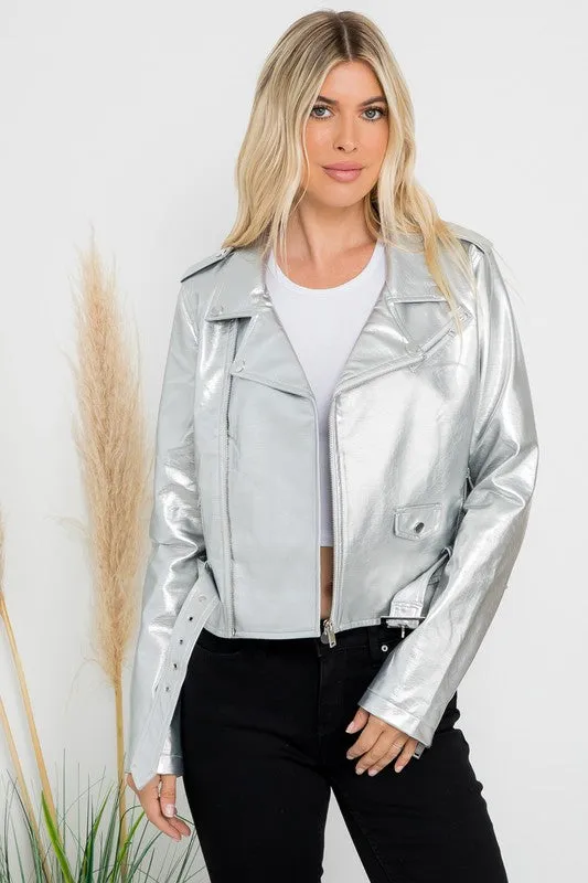 Metallic Faux Leather Crop Moto Jacket