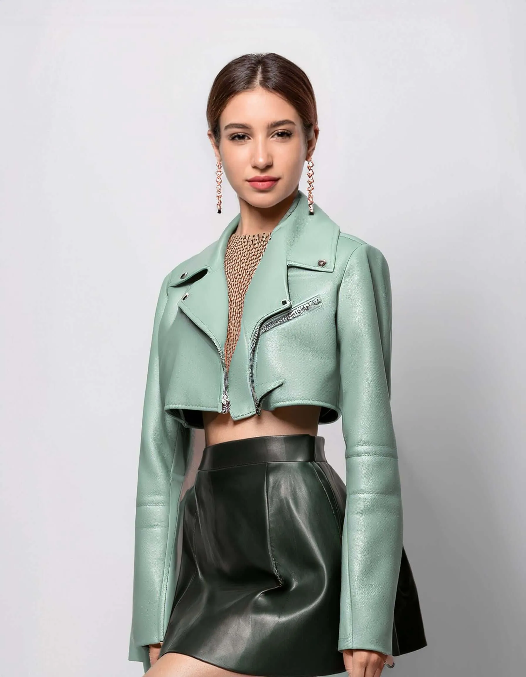 Mint Green Crop Leather Jacket