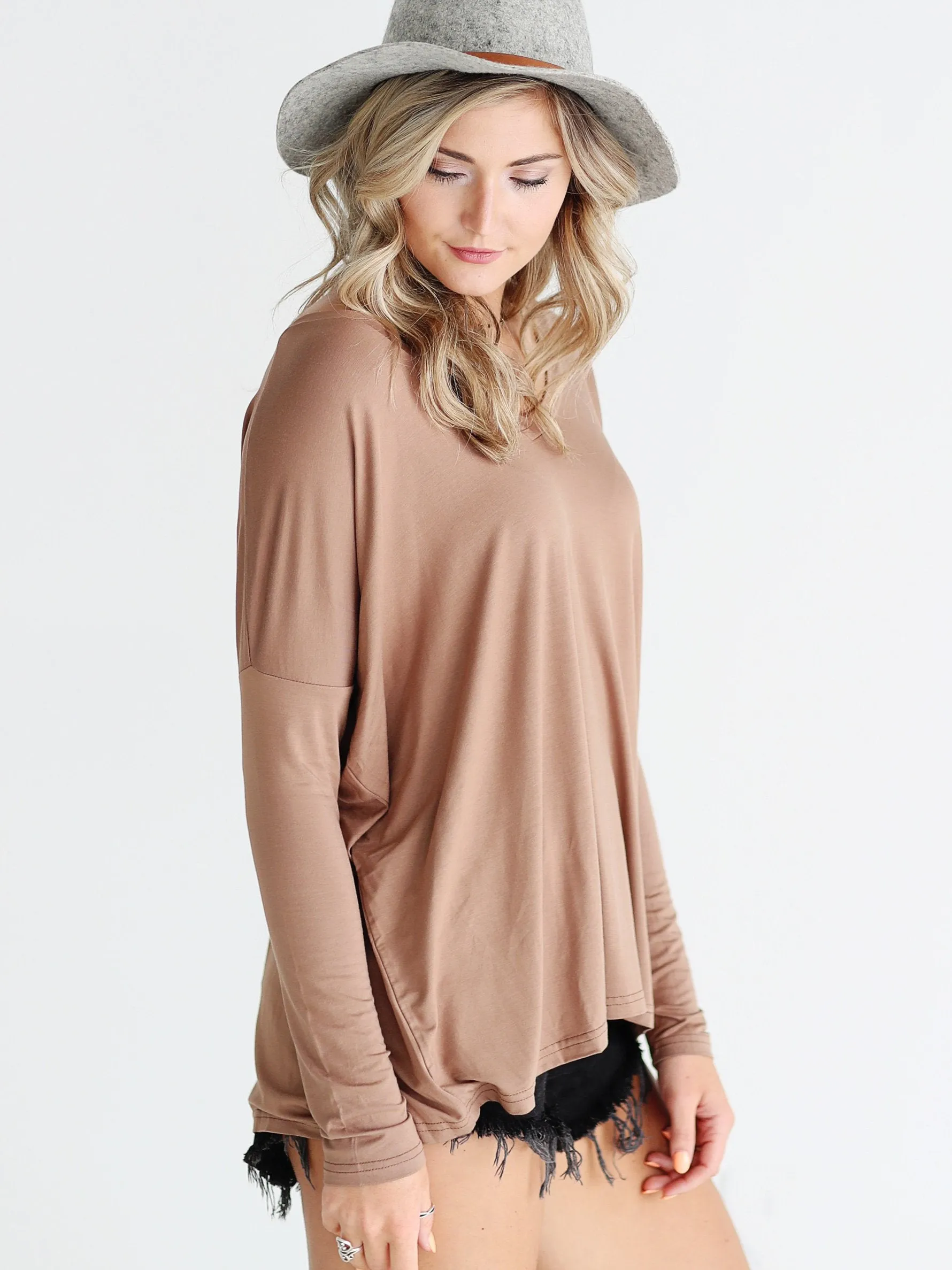 Mocha V-Neck Long Sleeve Top