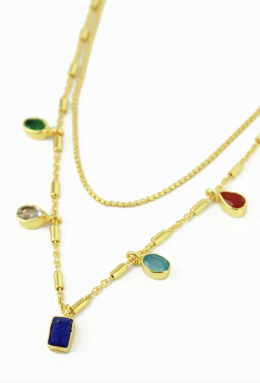 Multi Gemstone Double Chain Necklace