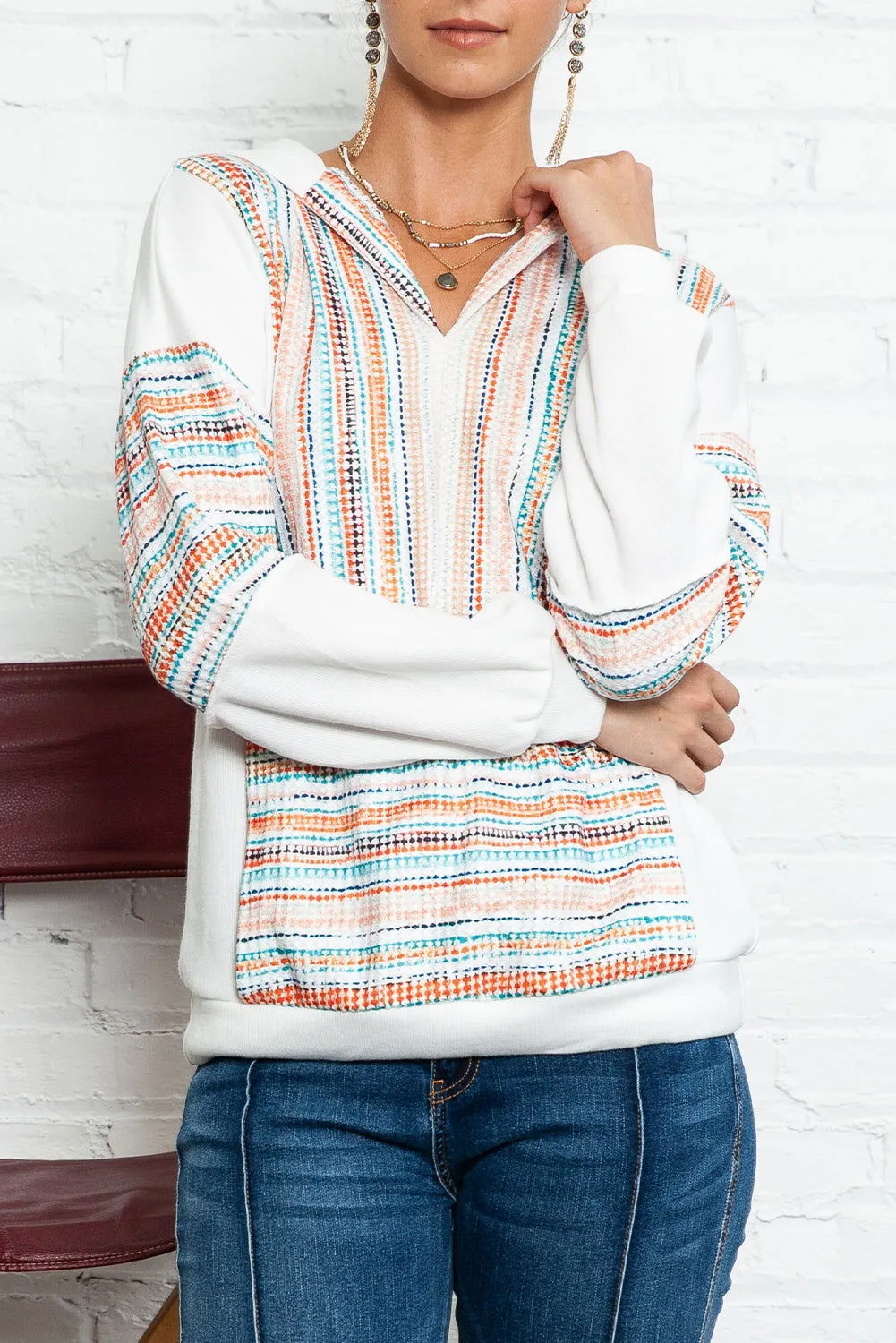 Multicolor V Neck Pullover Hoodie with Kangaroo Pocket