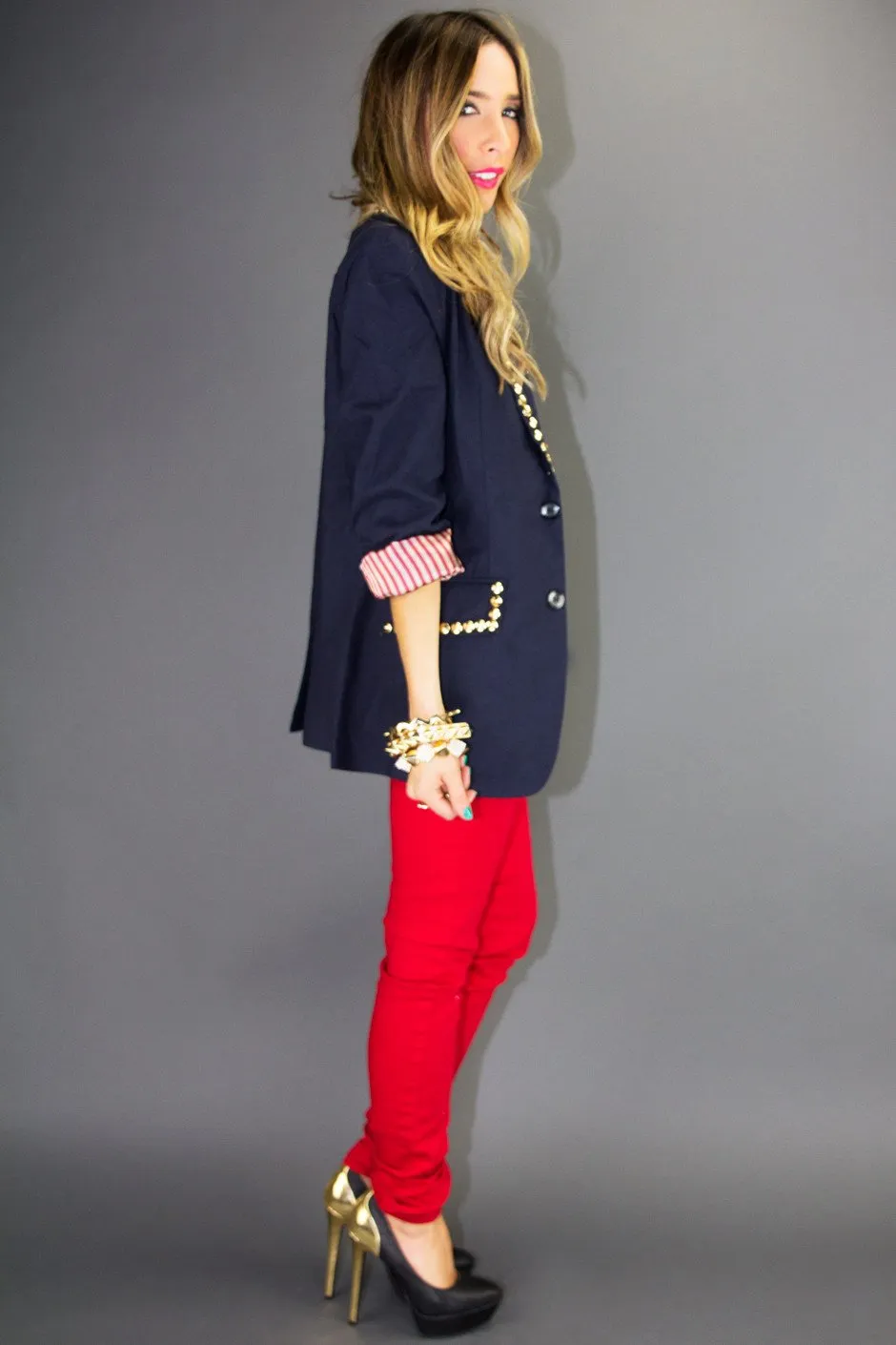 NALLA GOLD STUDDED NAVY BLAZER