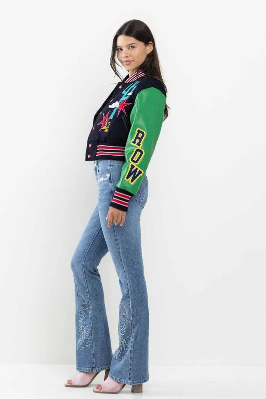 Navy Wild And Free Cropped Varsity Jacket