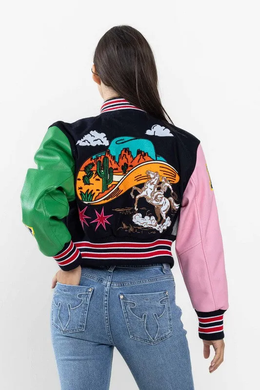 Navy Wild And Free Cropped Varsity Jacket