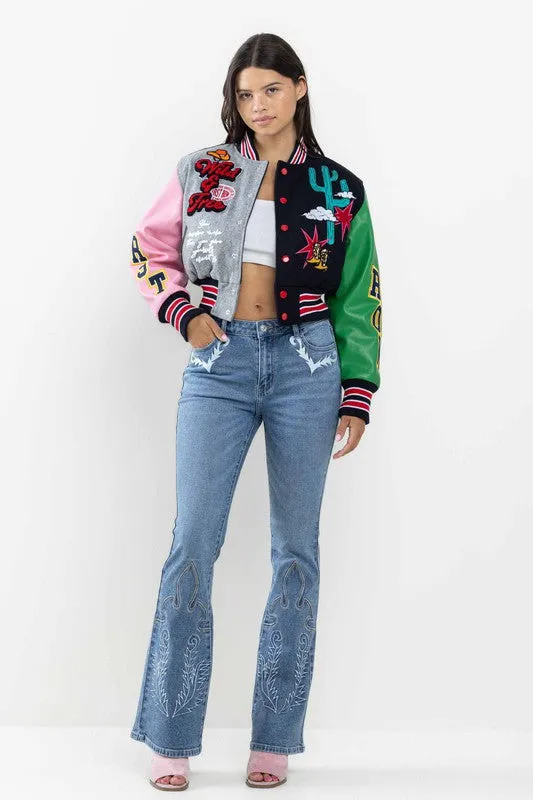 Navy Wild And Free Cropped Varsity Jacket