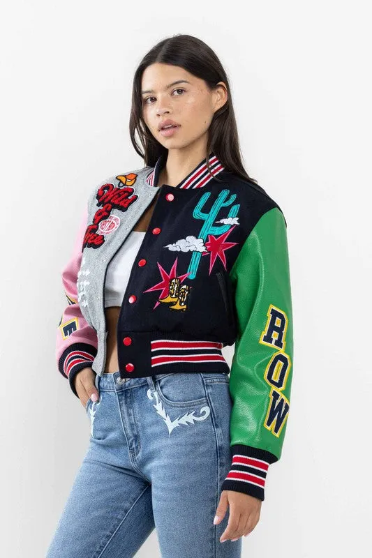 Navy Wild And Free Cropped Varsity Jacket