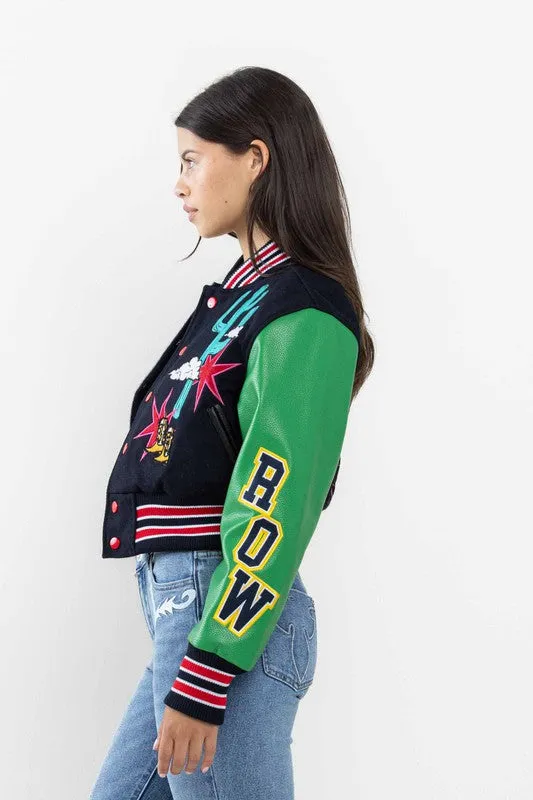 Navy Wild And Free Cropped Varsity Jacket