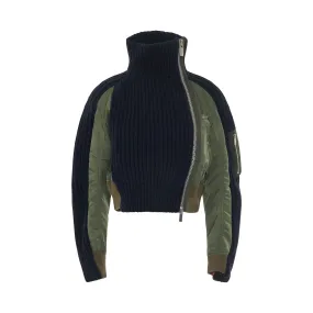 Nylon Twill Mix Wool Knit Jacket in Navy/Khaki