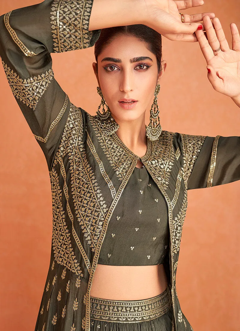 Olive Golden Sequence Jacket Style Lehenga Suit