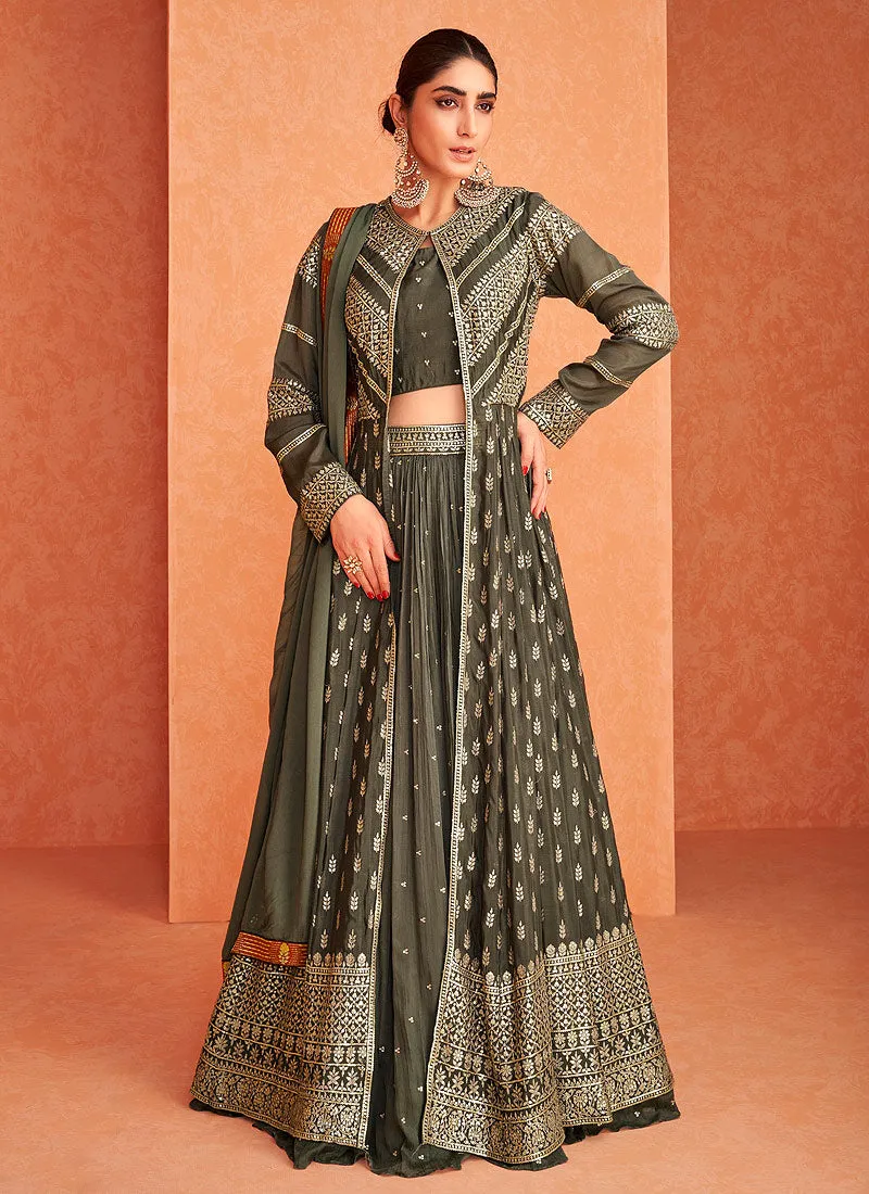 Olive Golden Sequence Jacket Style Lehenga Suit