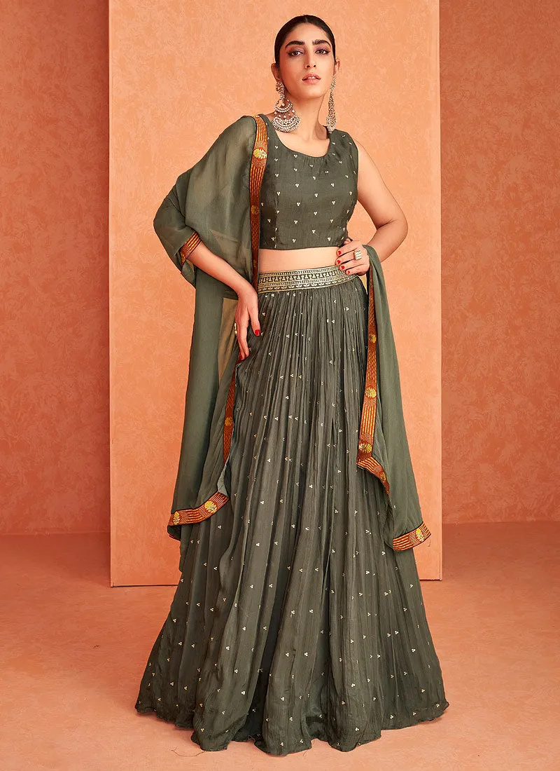 Olive Golden Sequence Jacket Style Lehenga Suit