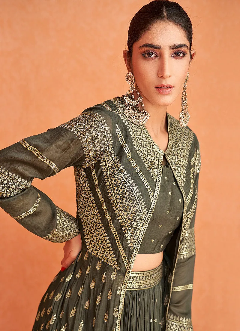 Olive Golden Sequence Jacket Style Lehenga Suit