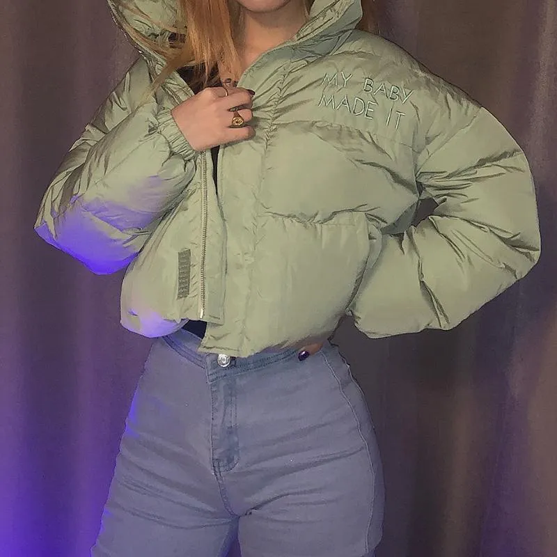 Pastel Green Puffed Embroidery Letters Cropped Jacket