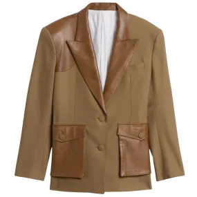 Peter Do x BR Khaki Lambskin Leather Trimmed Tuxedo Utility Blazer