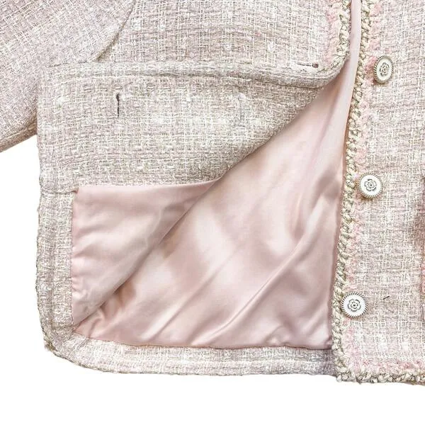 Pink Floral Lace Trim Tweed Jacket