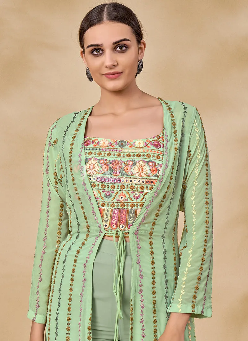 Pista Green Multi Embroidered Jacket Style Sharara Suit