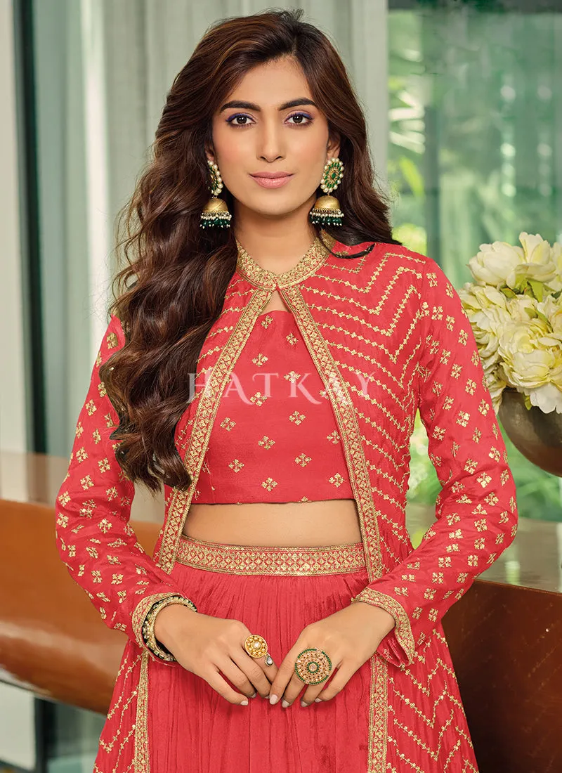 Pop Orange Sequence Jacket Style Chinon Lehenga