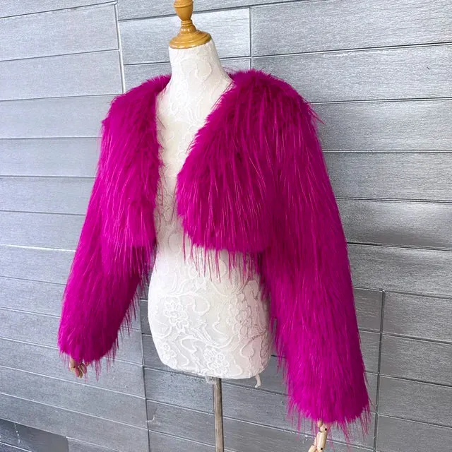 Pre Order:  Pink Cropped Furry Shawl Jacket