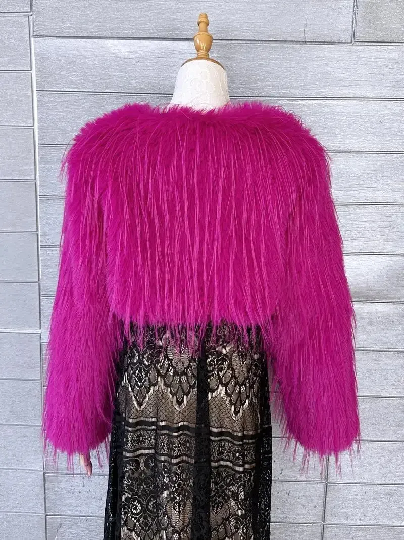 Pre Order:  Pink Cropped Furry Shawl Jacket