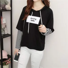 "Morning Selfie" Hoodie with Striped Sleeves