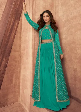 Rama Green Sequence Embroidered Lehenga Choli And Jacket