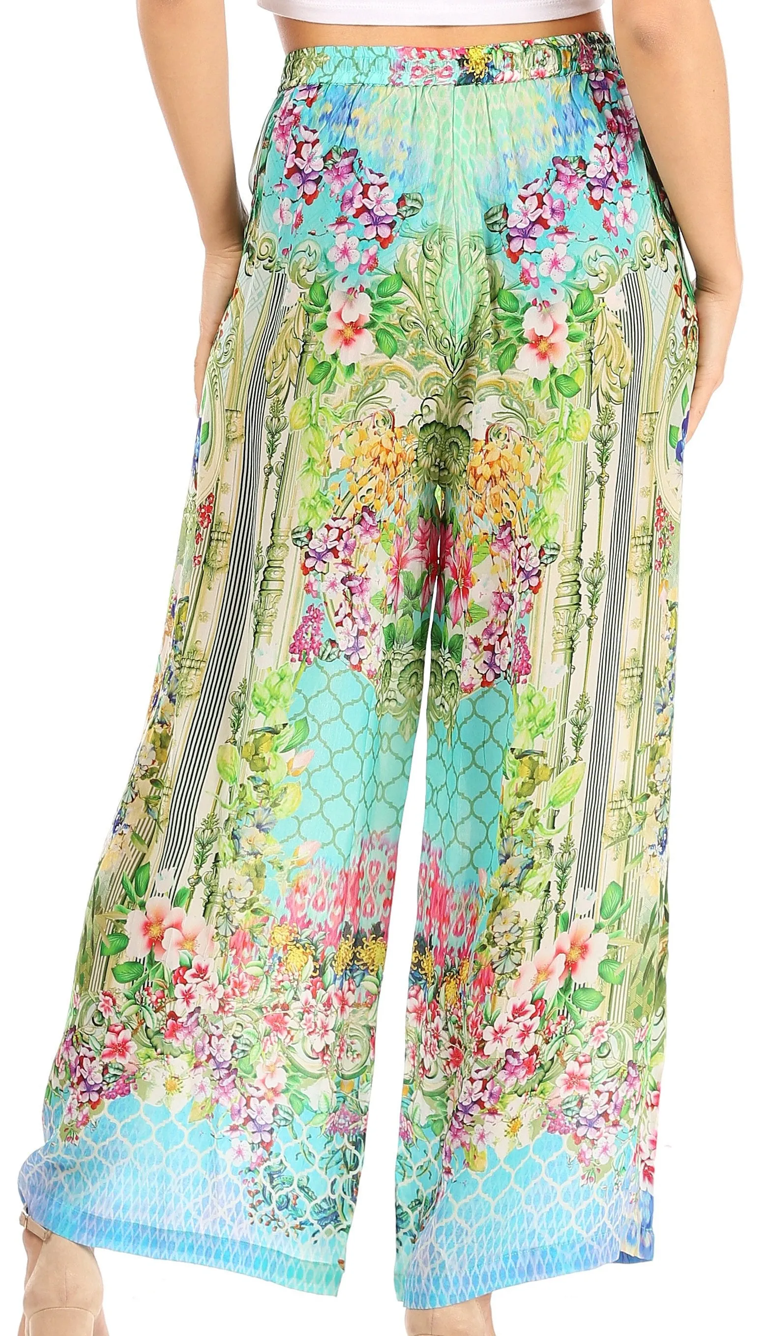 Sakkas Anie Women's Boho Casual Flowy Flare Palazzo Wide Leg Pants Floral Print